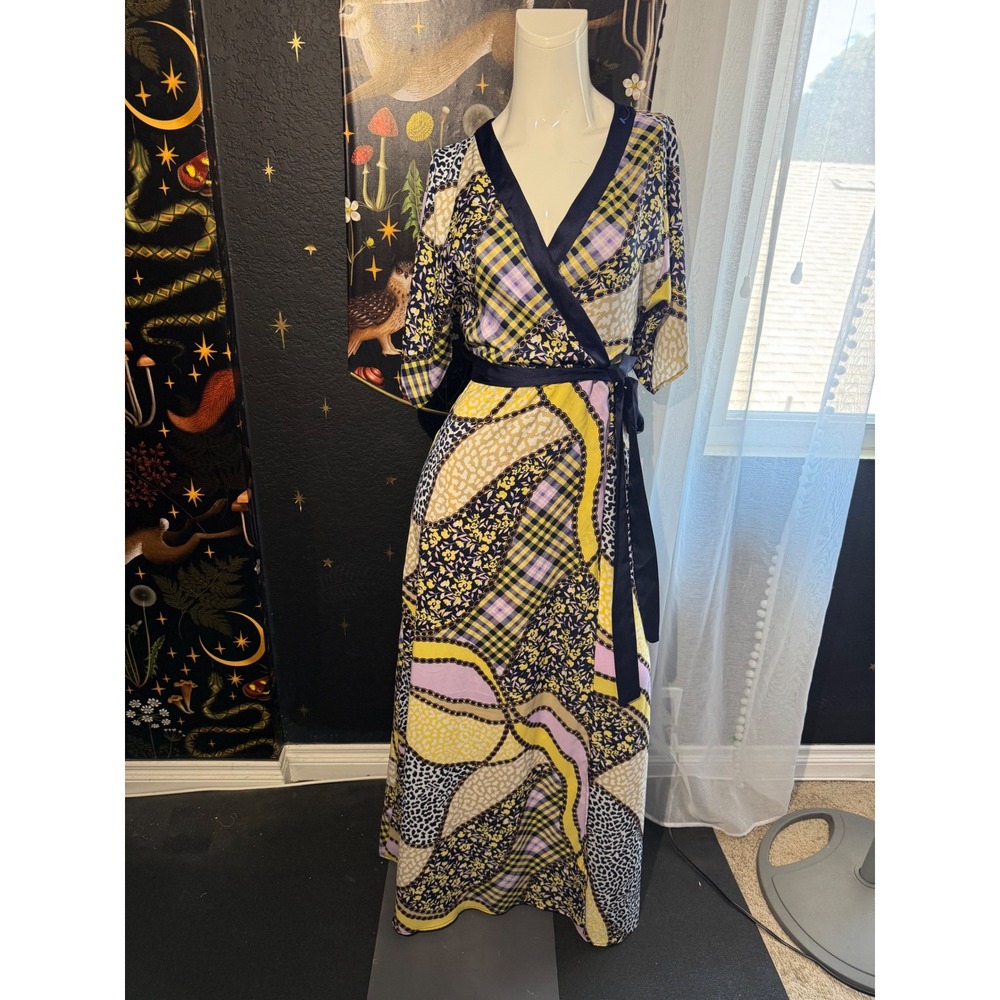 New York & Company Mixed Print Wrap Maxi Dress Navy Yellow XS Patchwork Floral